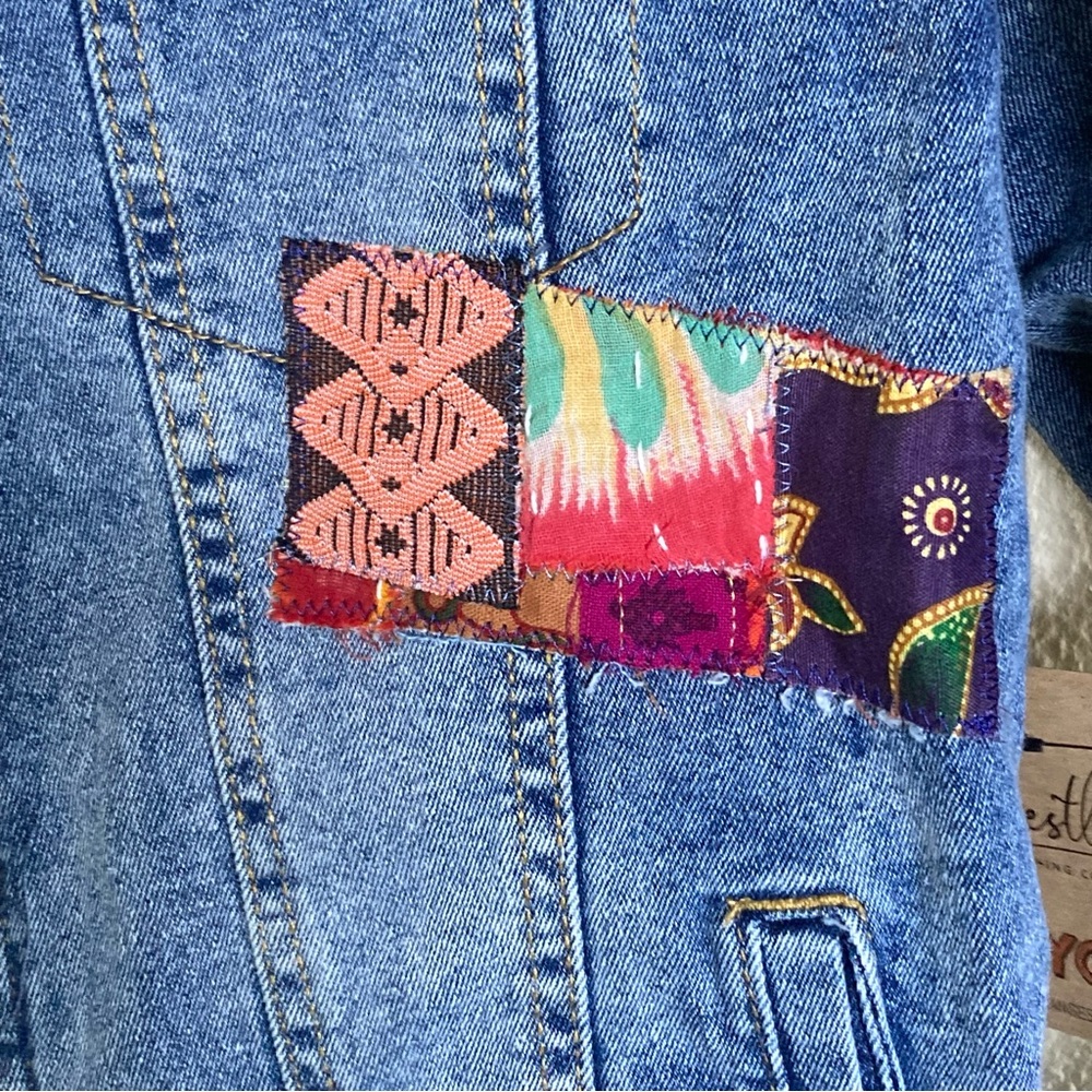 Upcycled Love Patch Denim Jacket Medium Unique NWT - image 5